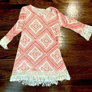 Umgee Crochet Fringe V-neck Boho Tunic Dress Size L